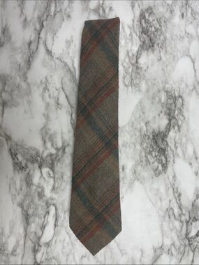 Brown Plaid Wool Tie with Green and Rust Stripe Accents